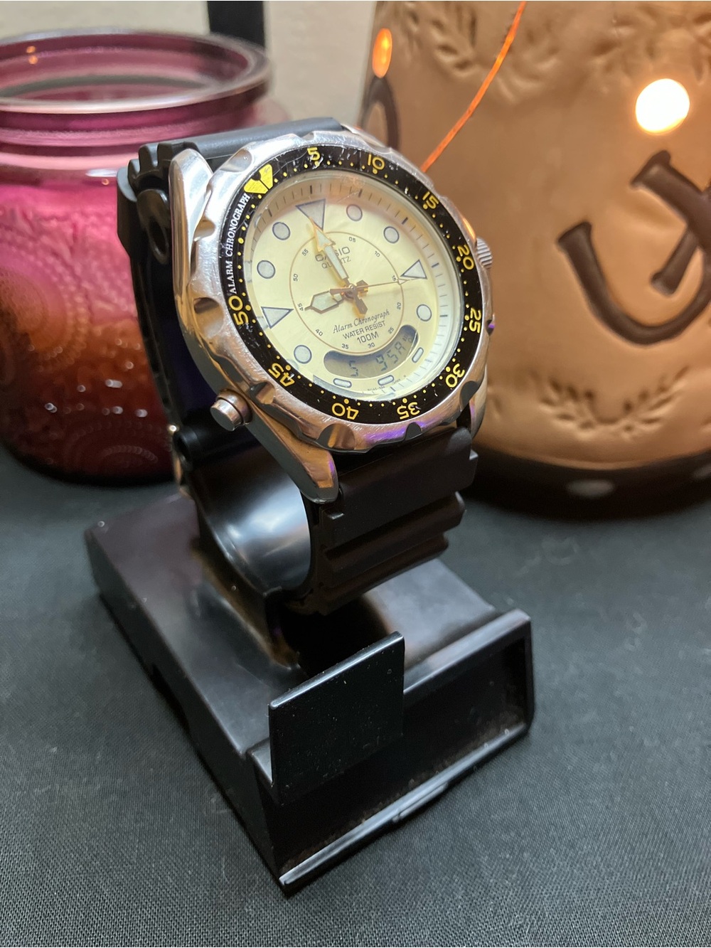 Seiko Black Watch with Cream Dial and Yellow Accents